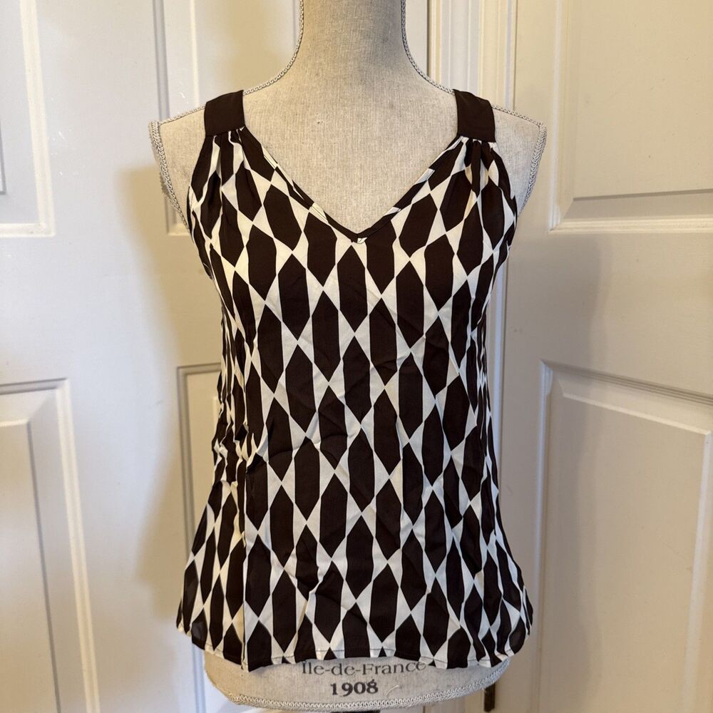 BROWN BEAUTY Michael Kors Brown & Ivory Geometric Print Tank 100% Silk Size 2